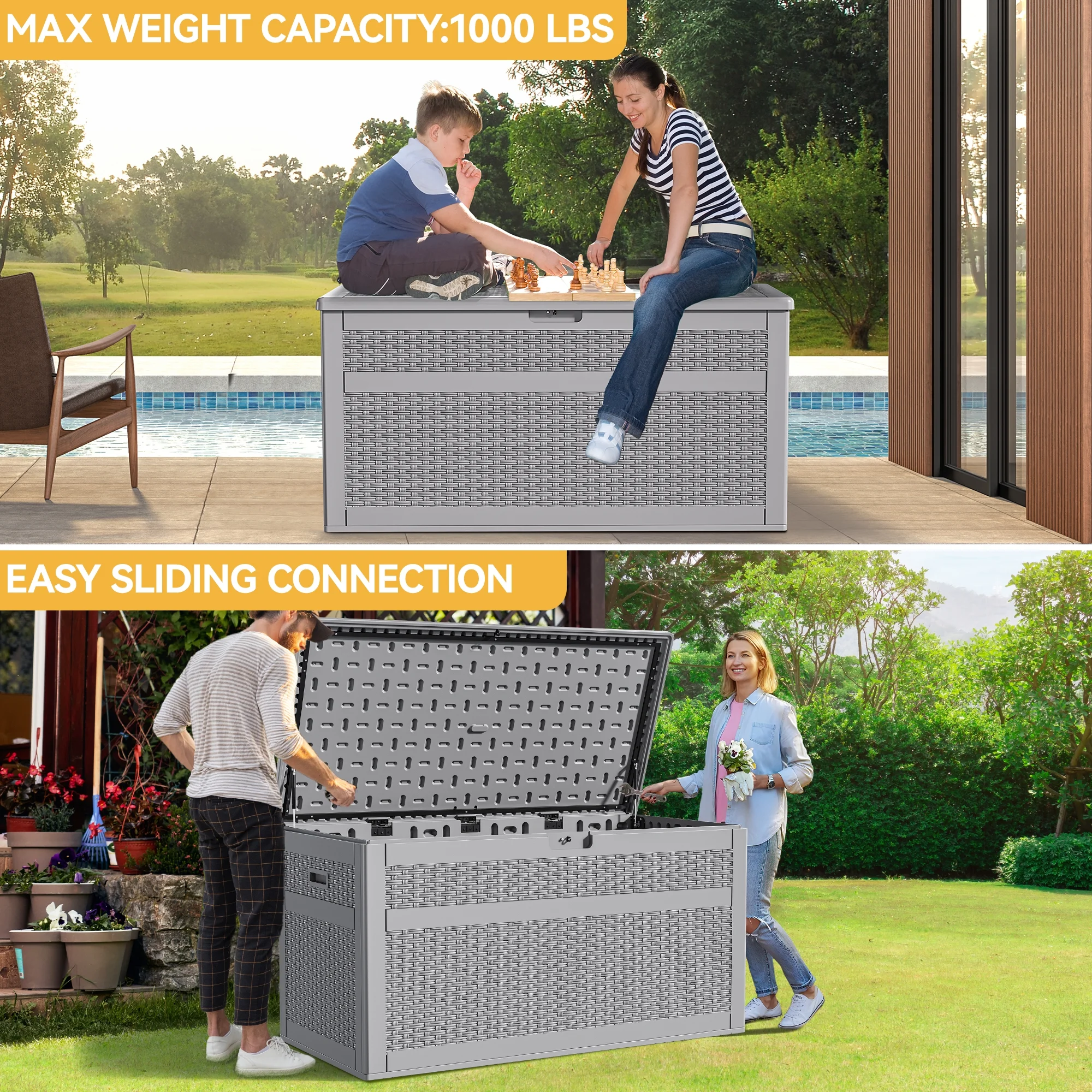 Dextrus 230 Gallon Resin Deck Box,Large Double-Wall Resin Rattan Outdoor Storage box for Patio Furniture, Garden Tools, Waterproof and Lockable,Grey