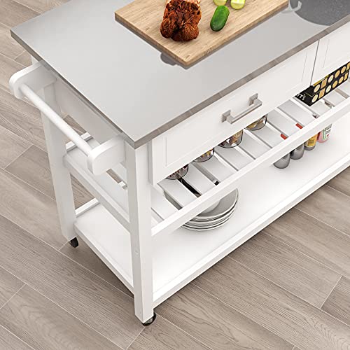 RASOO Kitchen Island Cart on Wheels Trolley White Stainless Steel Top Rolling Kitchen Island Cart with Open Shelves and One Big Drawer Towel Rack Kitchen Island Cabinet with Lockable wheels, 39.37"x18.5"x35.83"(LxWxH）