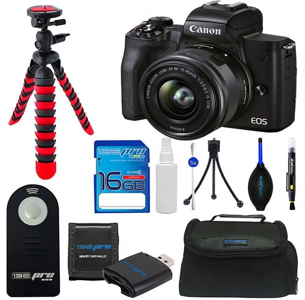 Canon EOS M50 Mark II Mirrorless Camera with EF-M 15-45mm f/3.5-6.3 IS STM Lens (Black) + Pixi  "Simple" Bundle - Curated Treasures Market