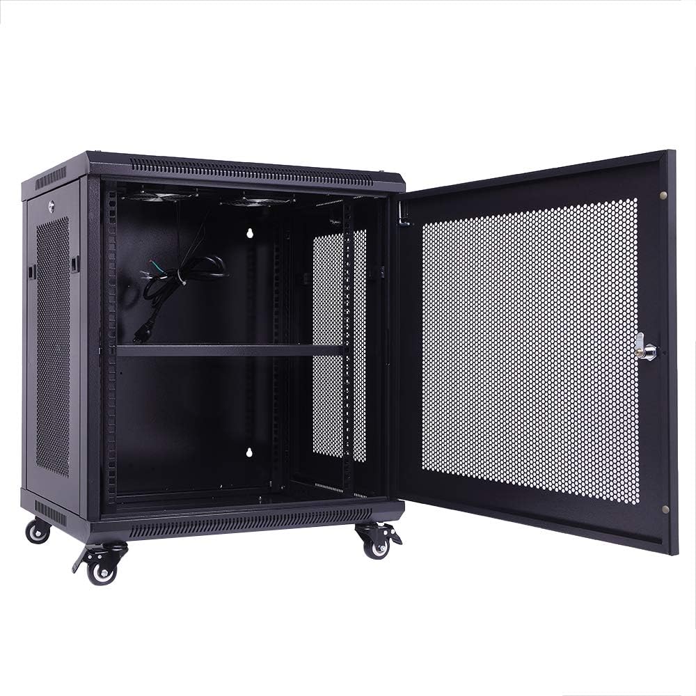 TUFFIOM 12U Casters Network Enclosure, 19 Inch Consumer Series Server Equipment Rack, Computer Date IT Network Cabinet Include 3 Side Panel Locks, Cooling Fan, No Assembly Required
