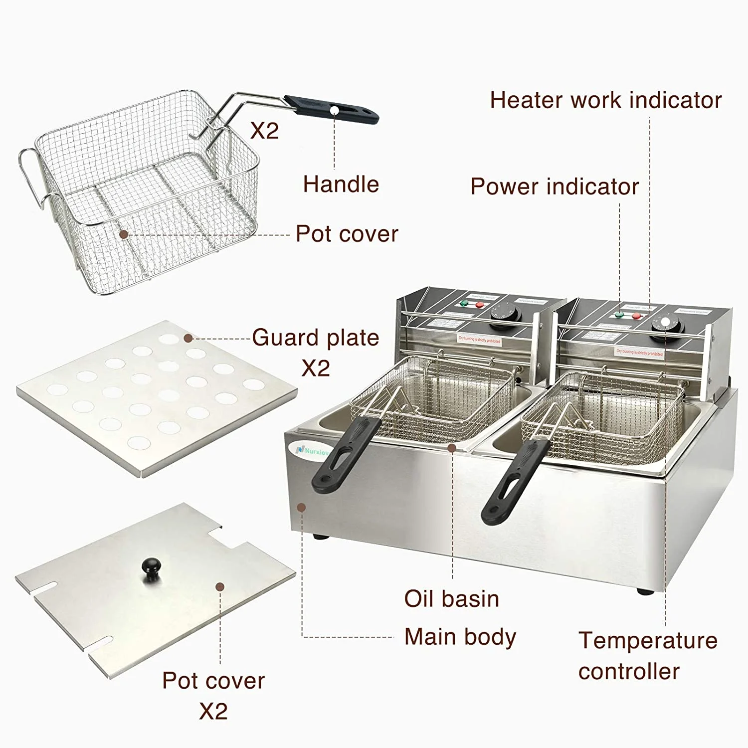 SUNCOO 16Liter Large Electric Fryer Deep Fryer Commercial French Fryer Countertop with Removable Baskets Stainless Steel Restaurant Home Kitchen 2 Baskets Double Tank 3600W