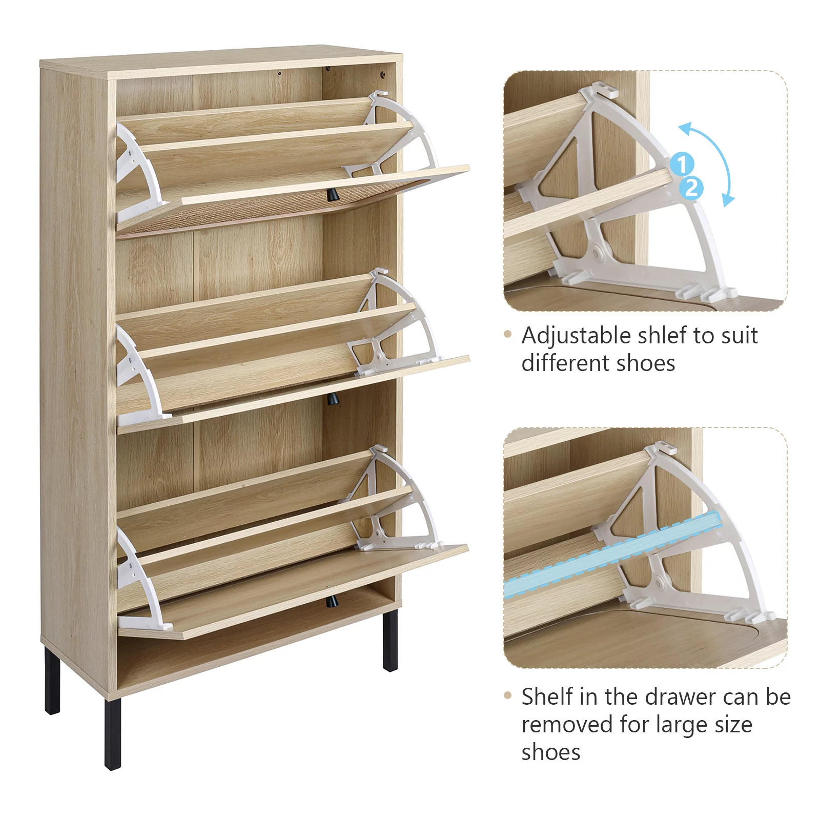 Sweiko Wooden Shoe Storage Cabinet with 3 Flip Drawers for Entryway Store 18 Pairs Natural Rattan