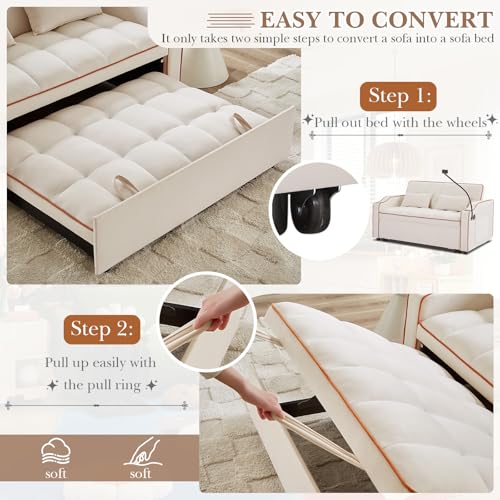Convertible Sleeper Sofa Bed, 3 in 1 Velvet Pull Out Loveseat Couch Modern Comfy Futon Sofa with Adjustable Backrest & Phone Holder & USB Charging Space Saving for Living Room, Small Apartment, Grey