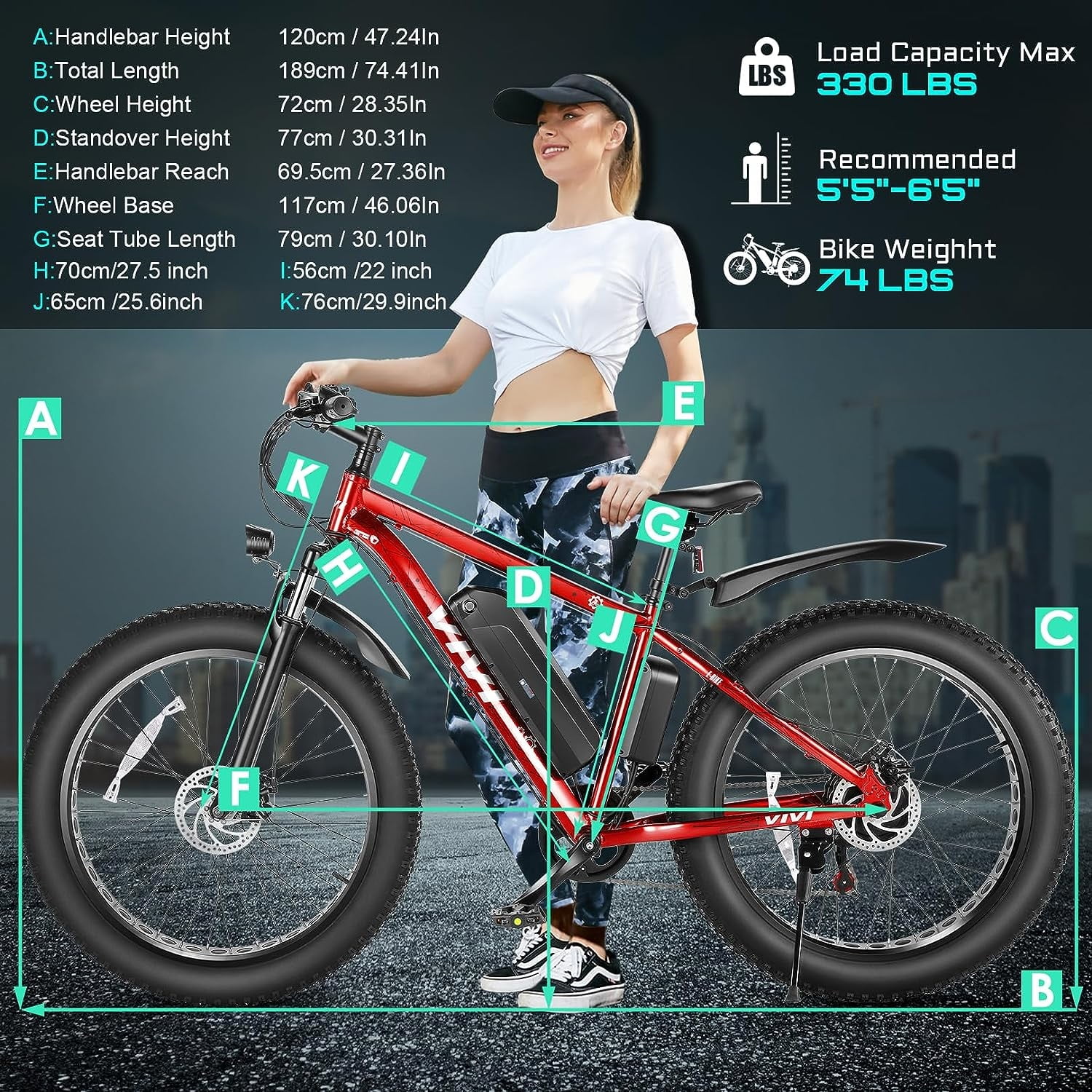 Vivi Electric Bike 26 x 4.0 Fat Tire Electric Bike 500W All Terrain Electric Bike 50 Miles Long Range Electric Mountain Bike Beach Bike Snow Bike