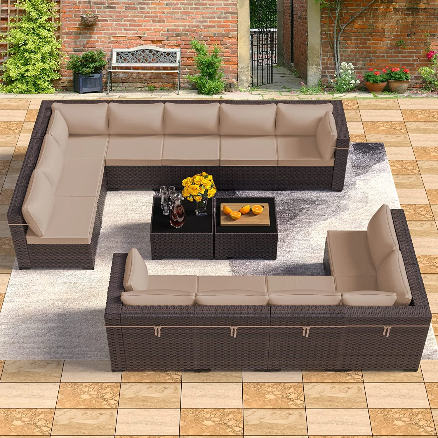 Popular Outdoor Patio Furniture Set  14 Pieces Outdoor Furniture All Weather Patio Sectional Sofa PE Wicker Modular Conversation Sets with Coffee Table 12 Chairs &amp; Seat Clips(Sand)