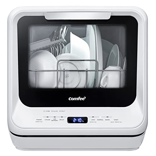 COMFEE' Portable Dishwasher Countertop No Hookup Needed, 6 Programs, 360° Dual Spray, 192℉ High-Temp& Air-Dry Function