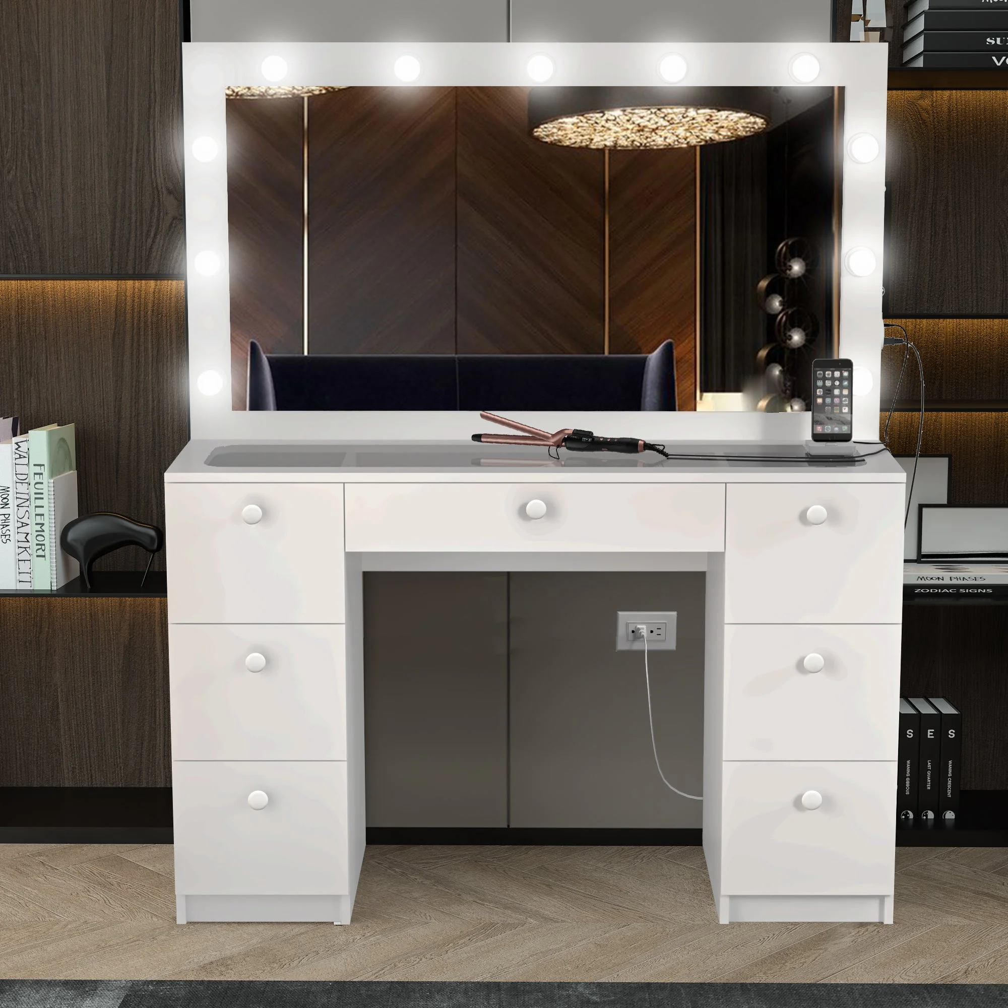 Boahaus Modern Yara Makeup Vanity Table Set with Mirror, 7 Drawers, White, Built-in Lights