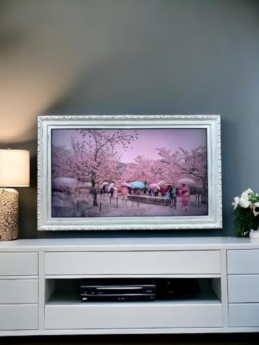 TV frame for Samsung The Frame TV, fits 32,43, and 50 inch TVS. Distressed White Finish (not for use with other models) Handmade wood ornate TV Frame
