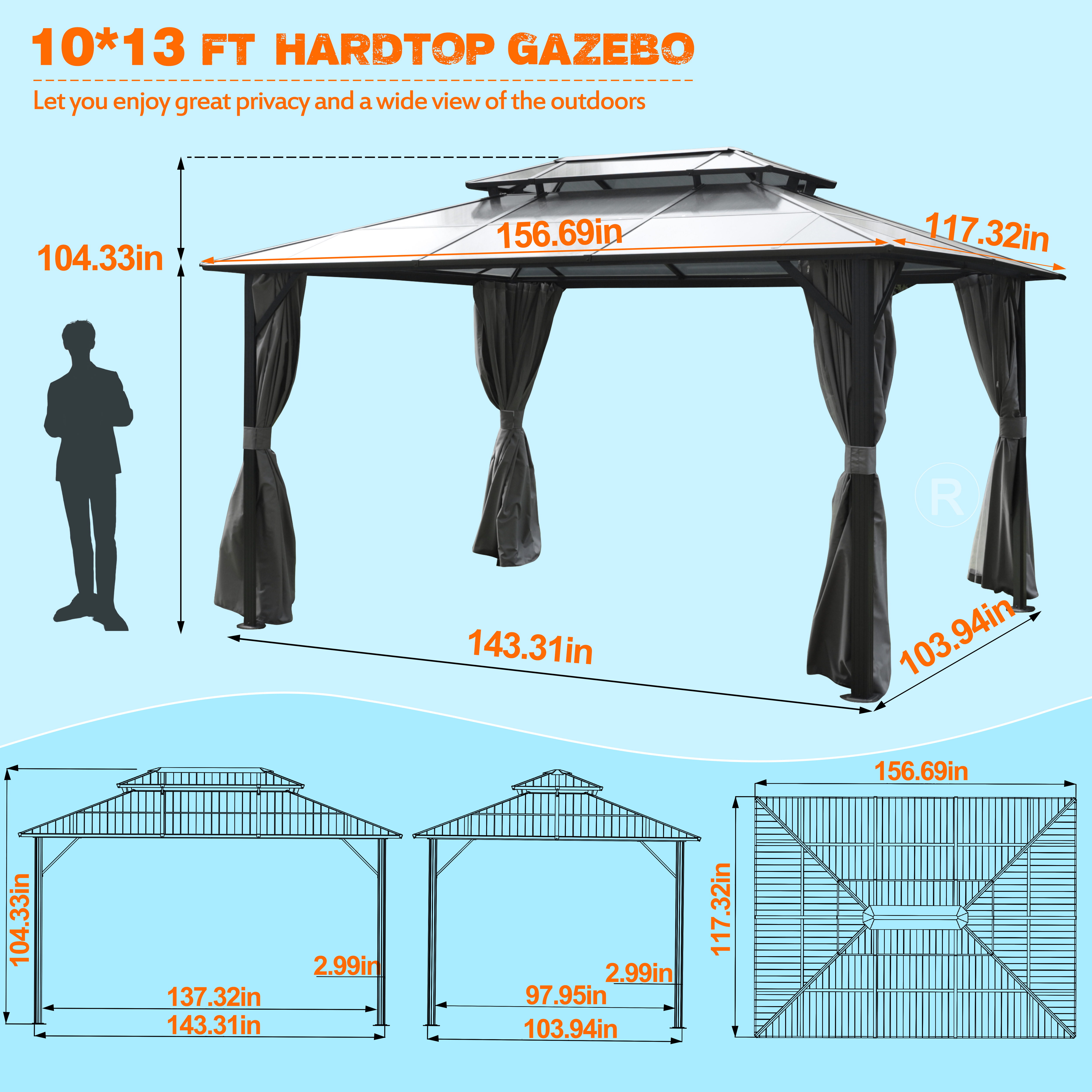 VEIKOUS 10ft x 13ft Outdoor Double Roof Gazebo w/ Netting & Curtains - Aluminum Frame Permanent Pergola for Garden Patio Lawns Parties - Curated Treasures Market