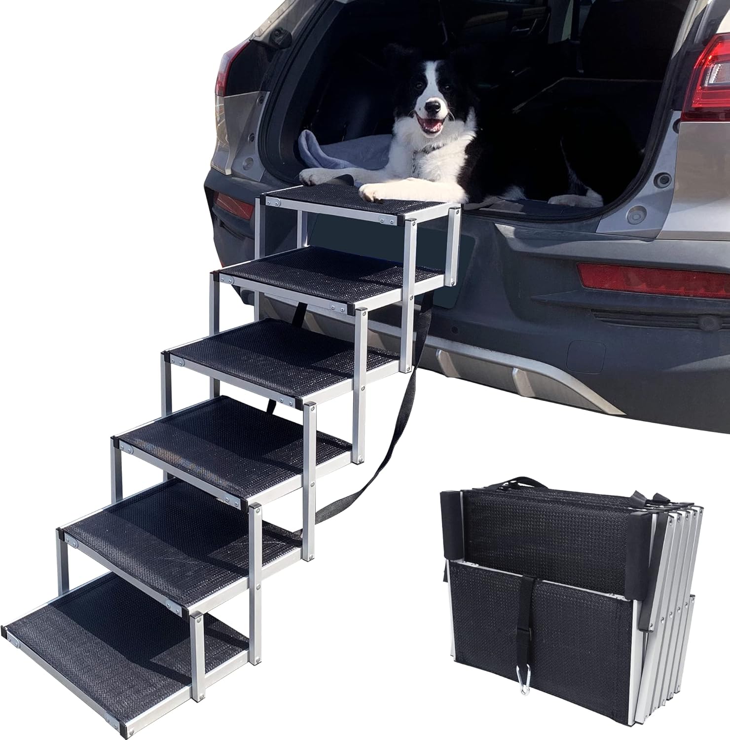 maxpama Folding Dog Car Ramp with Portable Aluminum Fram for Large Dog, Foldable Pet Step Stairs with Nonslip Surface for High Beds, Trucks, Cars and SUV, Lightweight Pet Ladder Support 150-200 Lbs