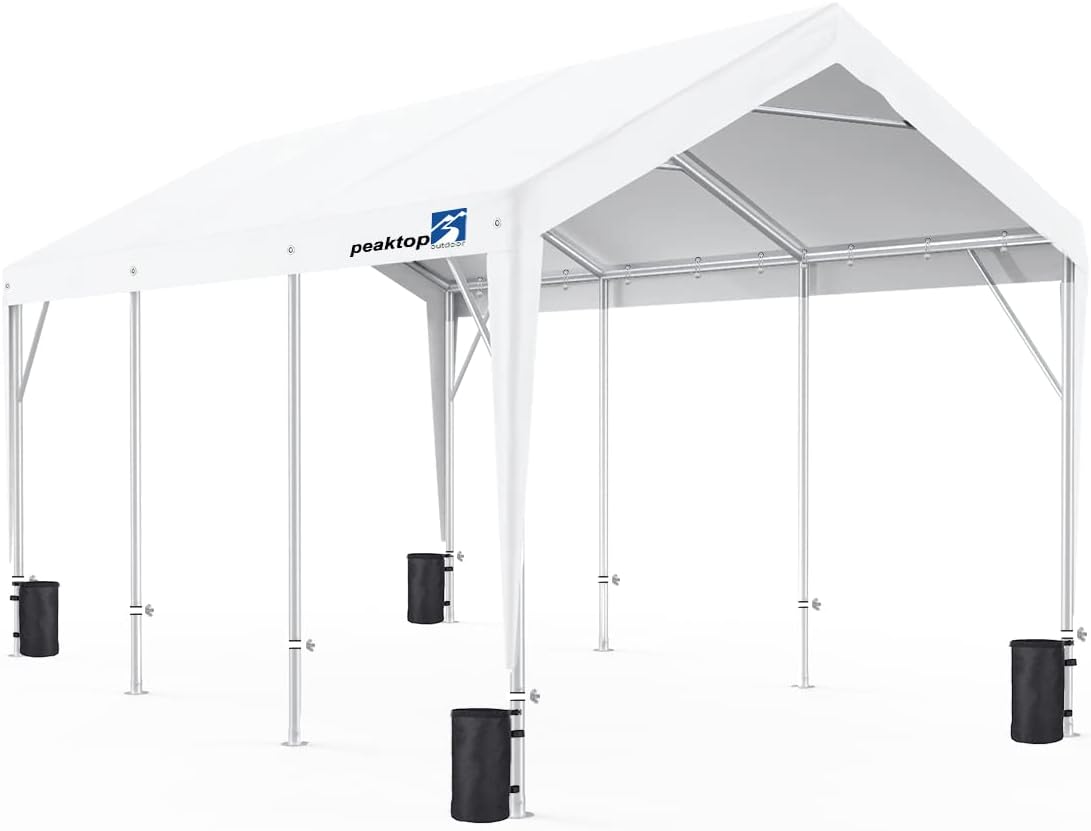 PEAKTOP OUTDOOR 10 x 20 ft Upgraded Heavy Duty Carport with Adjustable Heights from 9.5ft to 11.0ft, Portable Car Canopy, Garage Tent, Boat Shelter with Reinforced Triangular Beams and 4 Weight Bags