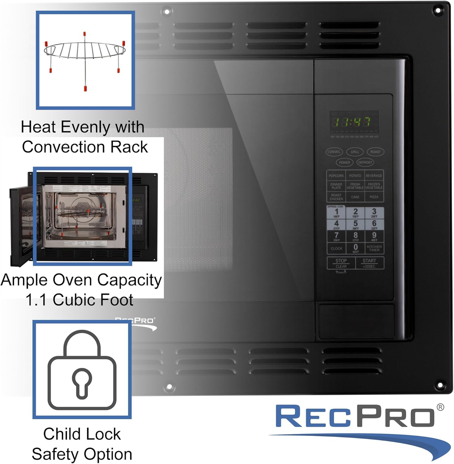 RecPro RV Convection Microwave Black 1.1 Cu. ft | 120V | Microwave | Appliances | Direct Replacement for High Pointe and Greystone