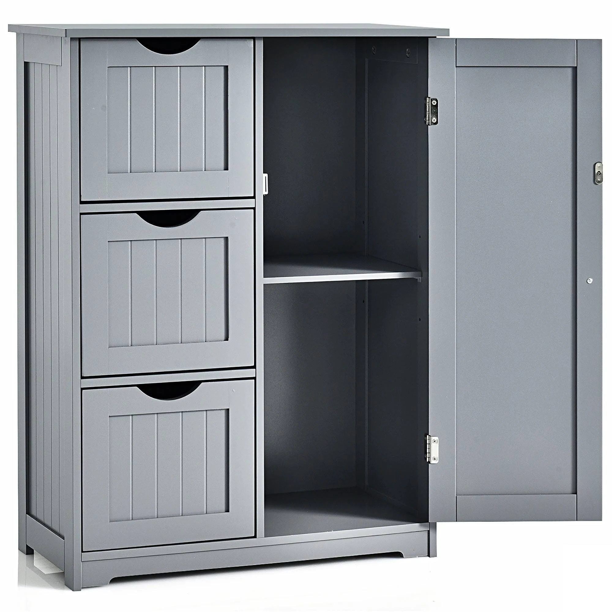 Bathroom Floor Cabinet Wooden with 1 Cupboard and 3 Drawers - Grey