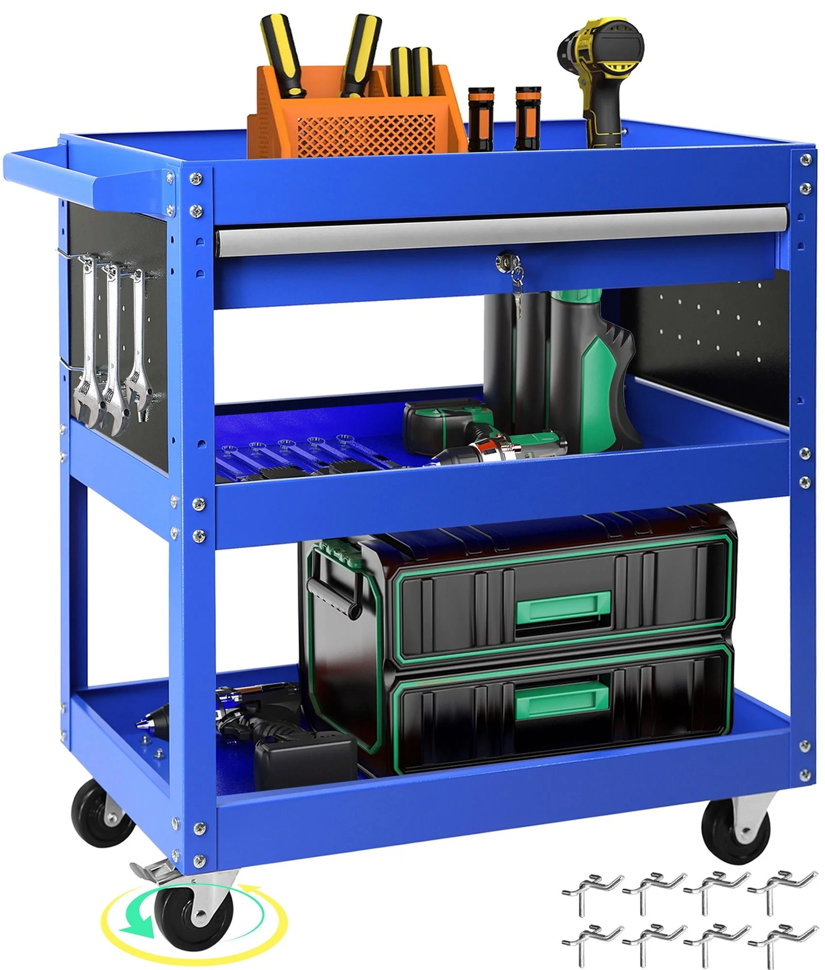 Rolling Tool Cart with Drawer, Seizeen Heavy Duty Utility Cart on Wheels, Garage Workshop Tool Organizer, 3 Tray, 1 Lockable Drawer, 6 Side Hooks