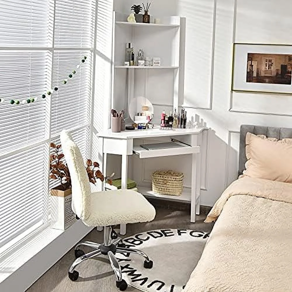 Corner Computer Desk with Hutch  Triangle Corner Desk w/Keyboard Tray and Bookshelves  Corner Writing Desk with  Shelves  Small Corner Desks for Small Spaces (White)