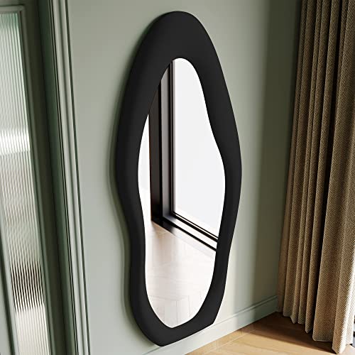 Honyee Full Length Mirror, 63" x 24" Wall Mirror, Flannel Wrapped Wooden Frame Floor Mirror, Irregular Wavy Mirror Hanging or Leaning Against Wall for Cloakroom/Bedroom/Living Room, Milk Tea