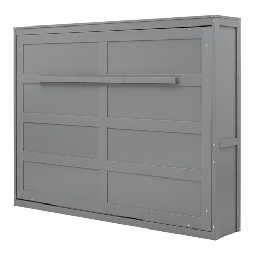 Harper & Bright Designs Queen Size Murphy Bed Wall Bed with Storage Shelves, Wardrobe and LED Lights, Space-Saving for Multipurpose Guest Room or Home Office, Gray