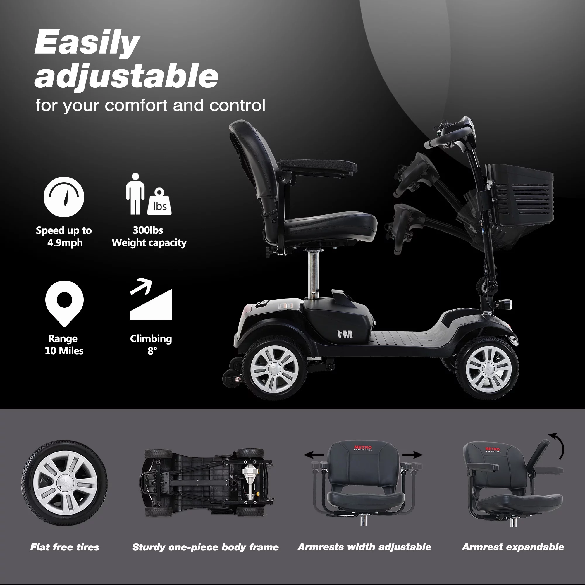 Travel Mobility Scooter, Heavy Duty Electric Scooters with 4 Anti-Tip Wheels, Compact Lightweight Mobility Scooters for Senior Adults Elderly, Foldable Mobility Scooter, Holds 300lbs, Purple
