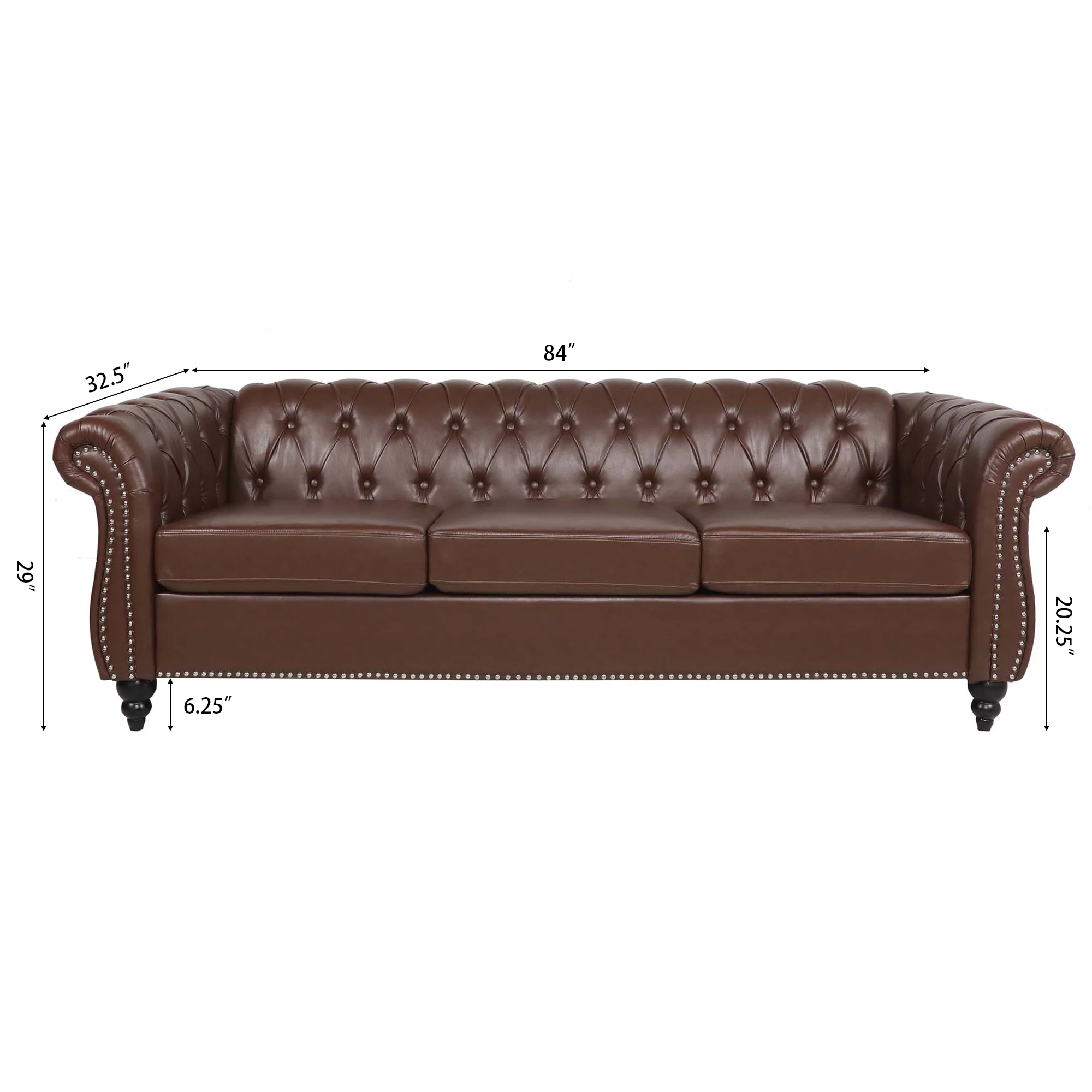Chesterfield Sofas for Living Room, Rolled Arm 3-Seater Leather 84" Large Couch Deep Button Nailhead Tufted Black Upholstered Couches for Bedroom, Office Apartment (Dark Brown)