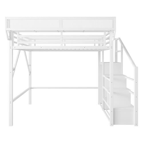 Full Size Loft Bed with Stairs and Storage, Metal Loft Bed Frame with Bedside Shelf and Large Under-Bed Space, Heavy-Duty Bed for Adults Teens and Kids, Black
