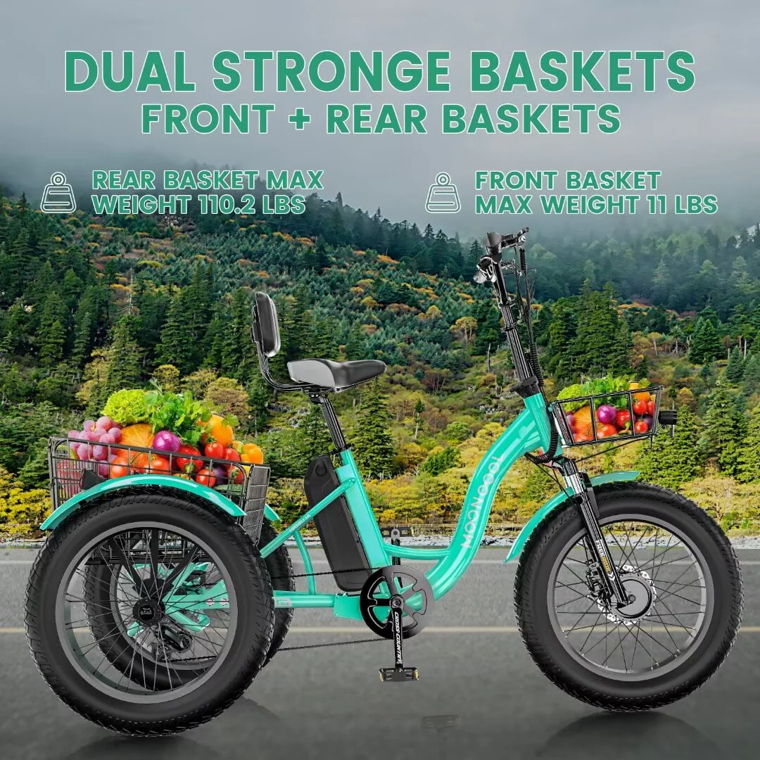 NAIZEA 20 Electric Trike Tricycle for Adults, 7 Speed Fat Tire Electric Trike, 3 Wheels Bike for Adults with Front and Rear Baskets, Lithium Battery UL Certified