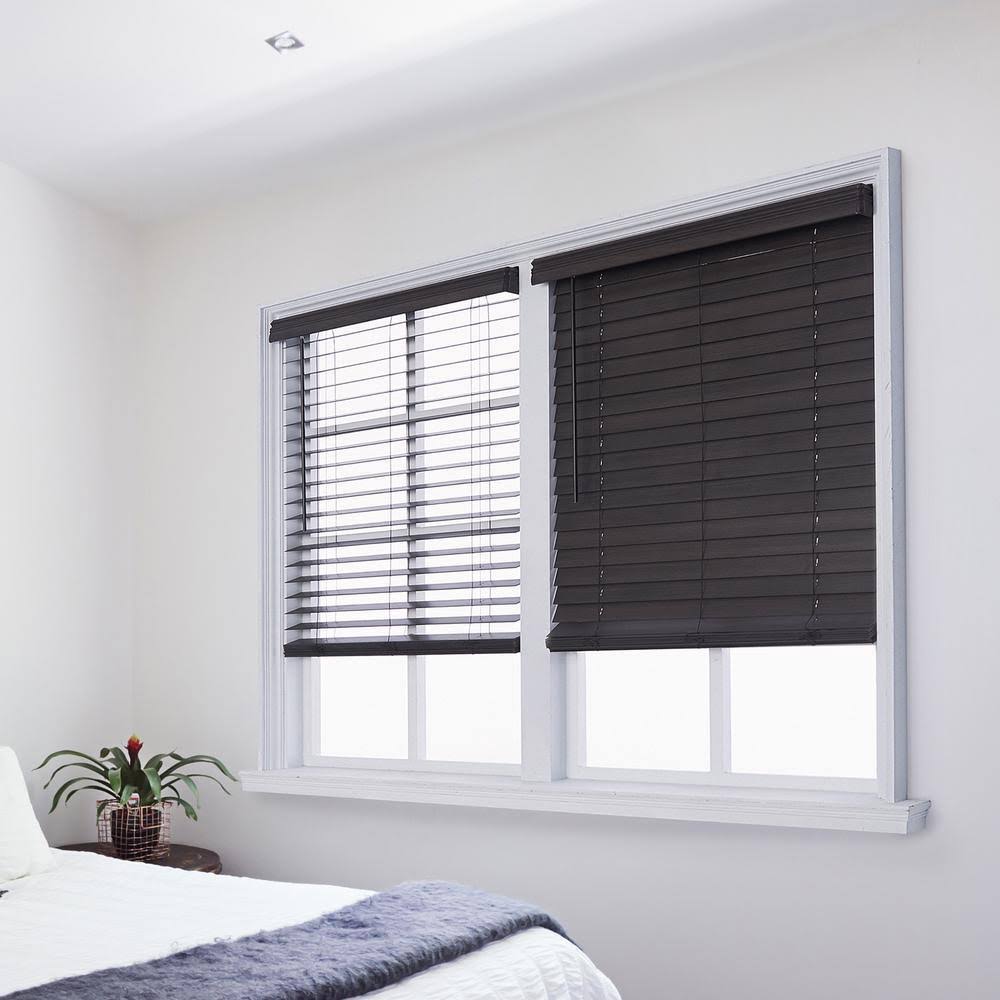 US Shade and Shutter Cut-to-Width Brown Oak Cordless 2.5 in. Distressed Faux Wood Blind - 52 in. W x 72 in. L