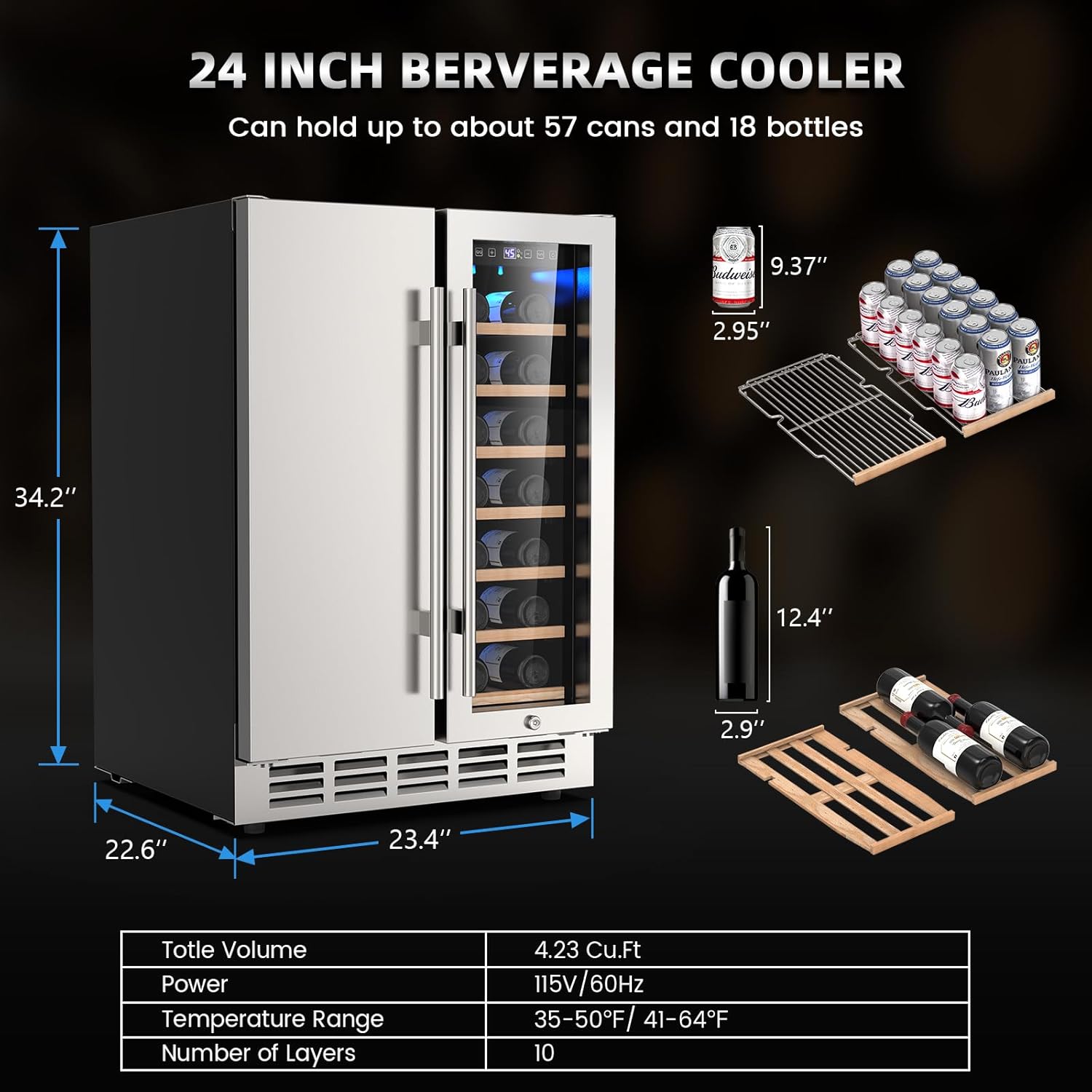 Wine and Beverage Refrigerator, 24 Inch Dual Zone Wine Fridge with Safety Locks, Under Counter Wine Cooler Beer Fridge Built-In or Freestanding, Holds 20 Bottles and 57 Cans