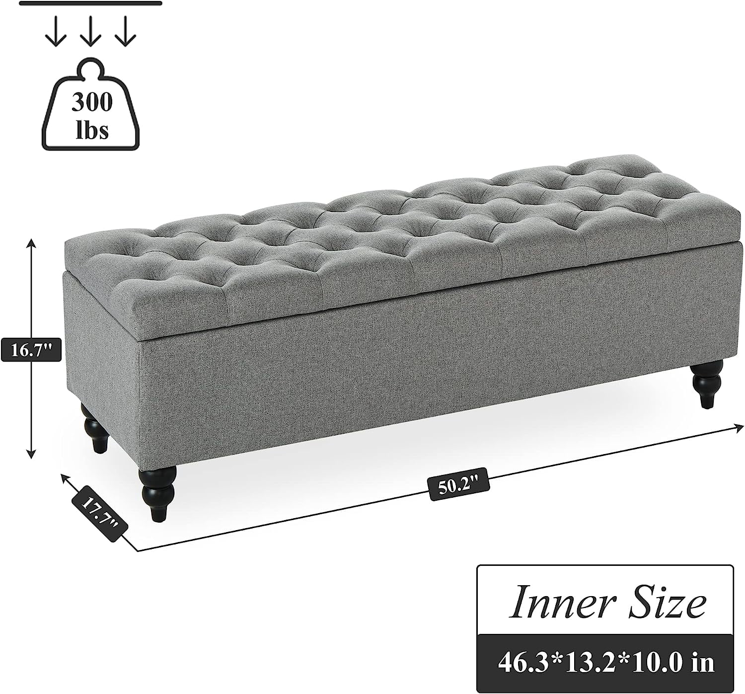Storage Ottoman Bench, 50.2 Inches Upholstered Fabric Storage Ottoman Bench, Button Tufted Ottoman with Large Storage, End of Bed Bench, for Living Room, Entryway, Bedroom (Grey)