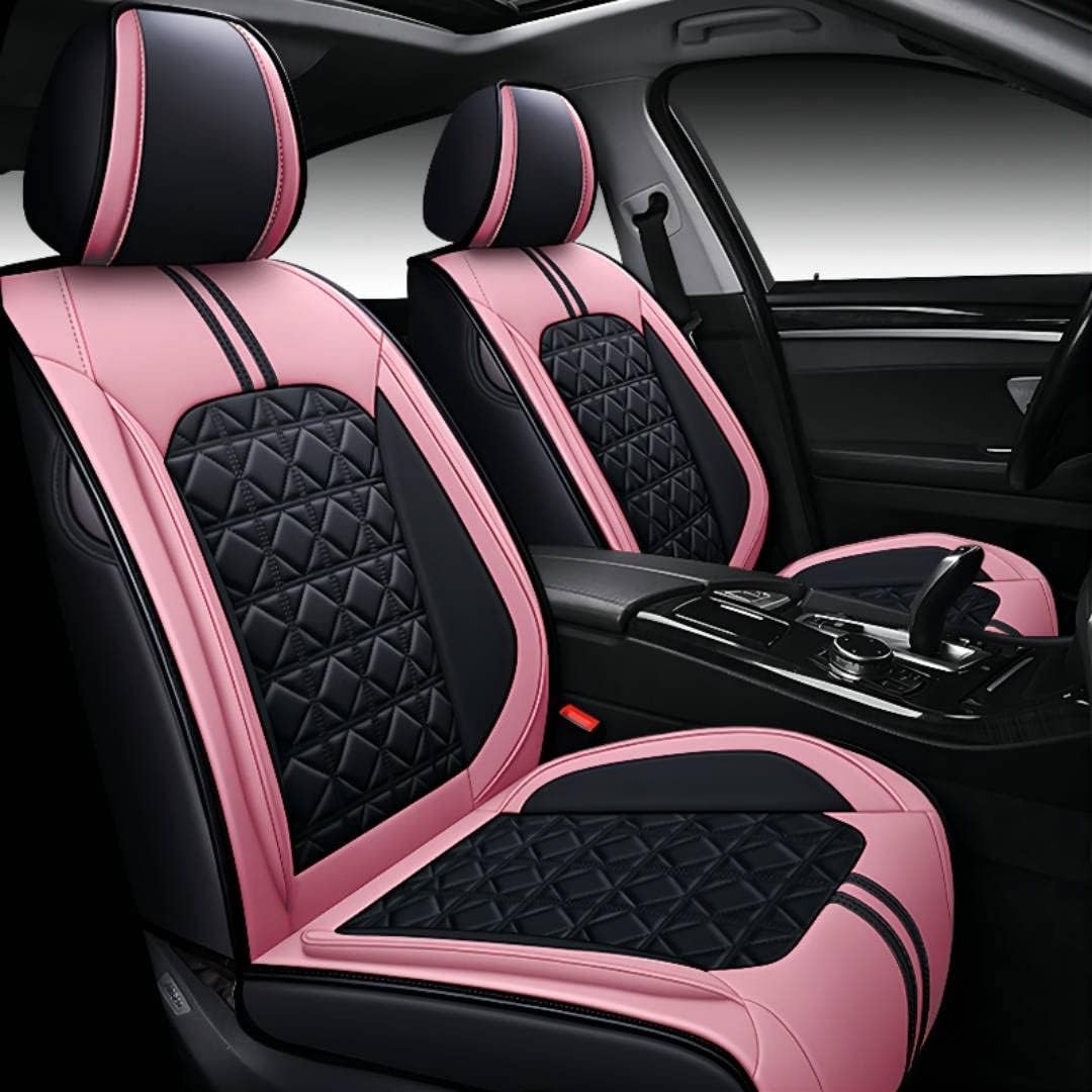 BGYFDU01 Seat Cover 5-Seater Full set, Universal Type, Suitable For Most Cars, Cars, SUV, Trucks, Pickup Ttrucks, Airbags Compatible With Synthetic Leather Car Seat Cushion Protectors (Black and pink)
