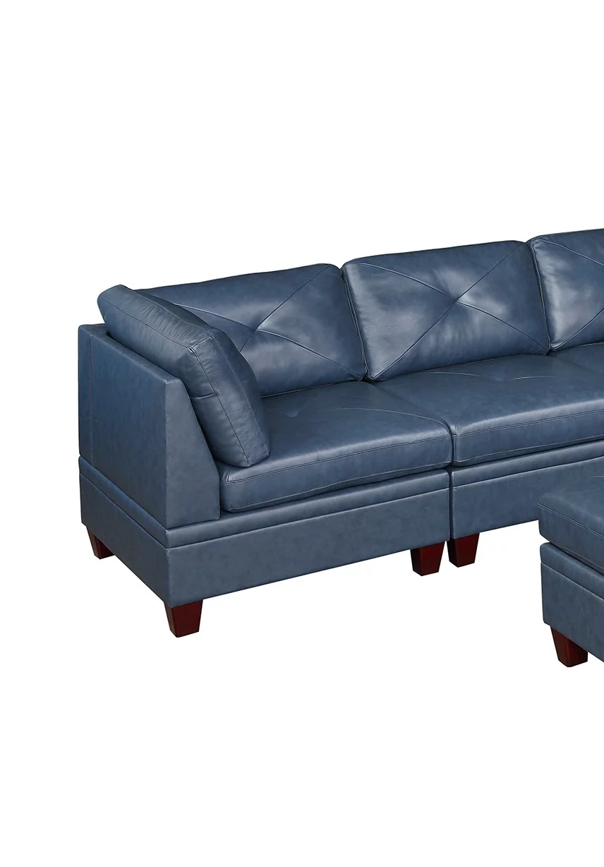 Ink Blue Top Grain Leather 7pc Tufted Sectional Sofa Contemporary Living Room Furniture Wedge Ottoman Armless Chair Couch