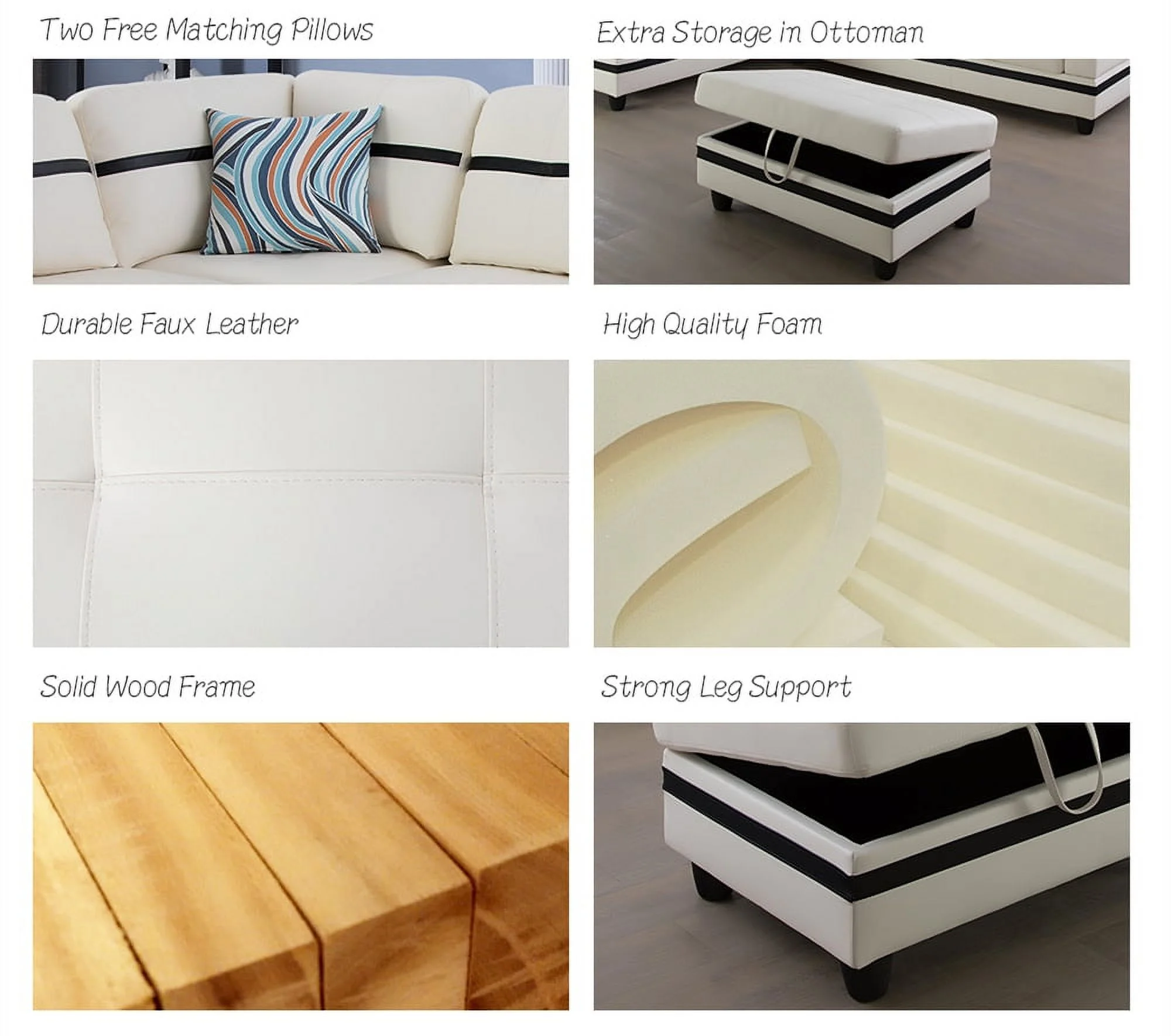 PonLiving Furniture Callie 103.5'' Sectional Sofa with Storage Ottoman, Left & Right Hand Facing, Leather Upholstered