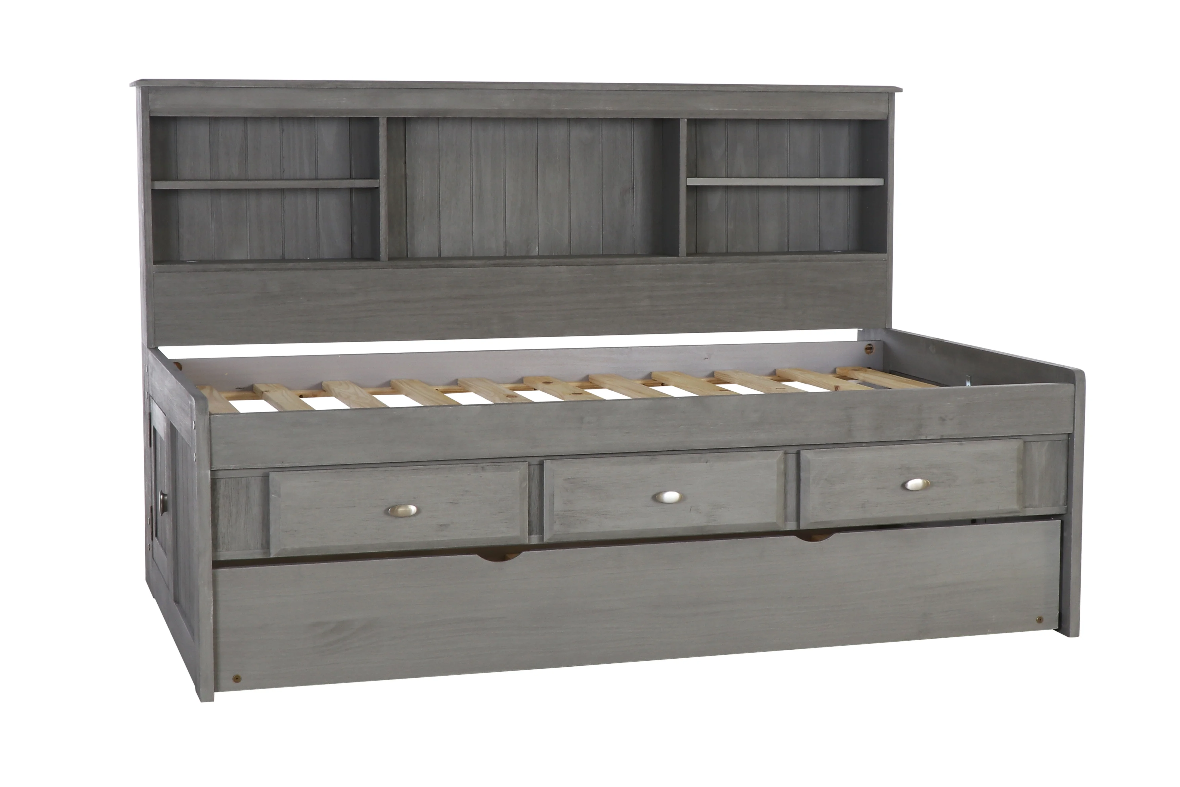 Discovery World Furniture - Twin Size Bed Frame with Headboard Bookcase Captain Day Bed with 3 Drawers & Twin Trundle, Twin Size Bed with Storage & Trundle, Charcoal