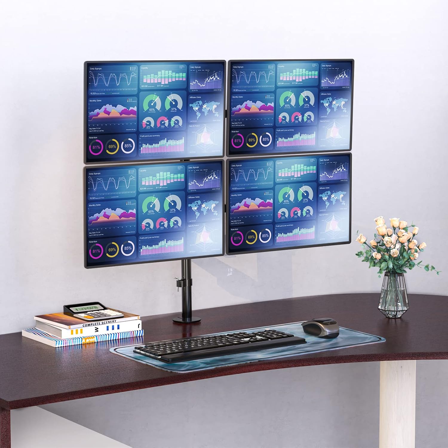WALI Quad Monitor Stand, 4 Monitor Stand Fits Heavy Duty Computer Screen up to 27 inch, Full Adjustable Desk Mount Holds up to 22 lbs per Arm (M004), Black Pack of 2