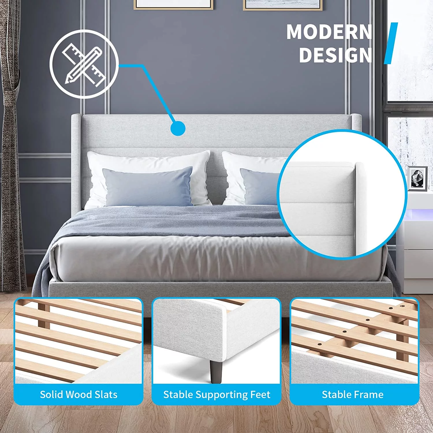 Mjkone Platform Bed Frame, Full Size Bed Frames with Headboard, Modern Bed Frame Has Wooden Slat Support, No Box Spring Needed/Easy Assembly/No Mattress(Full, Light Grey)