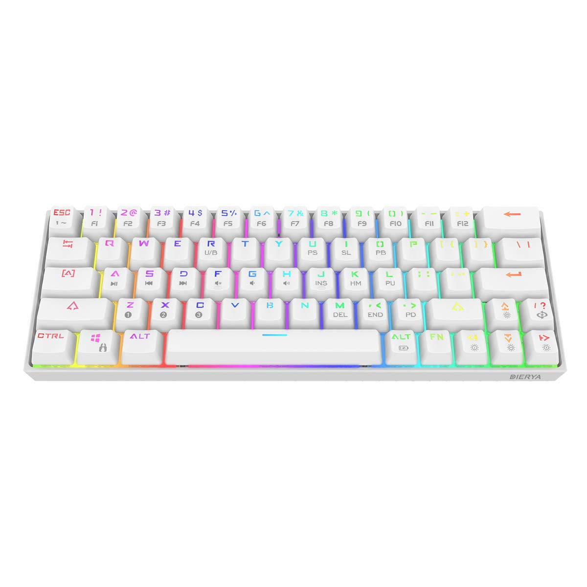 Dierya 60% Mechanical Gaming Keyboard - White Bluetooth 4.0 Wired/Wireless True RGB Backlit Compact 63 Key Computer Keyboard - Full Keys