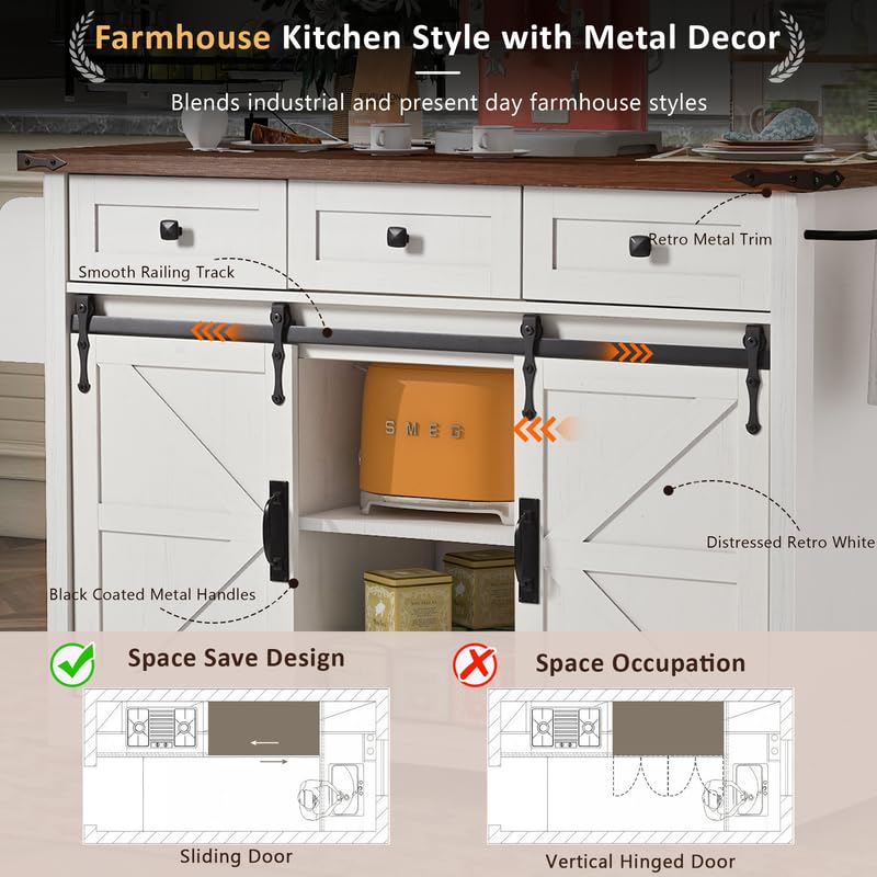 53.7" Farmhouse Kitchen Island with Power Outlet, 2 Sliding Barn Door Kitchen Storage Island with Drop Leaf, Spice Rack Rolling Kitchen Cart on Wheels, for Home, Kitchen and Dining Room, Black