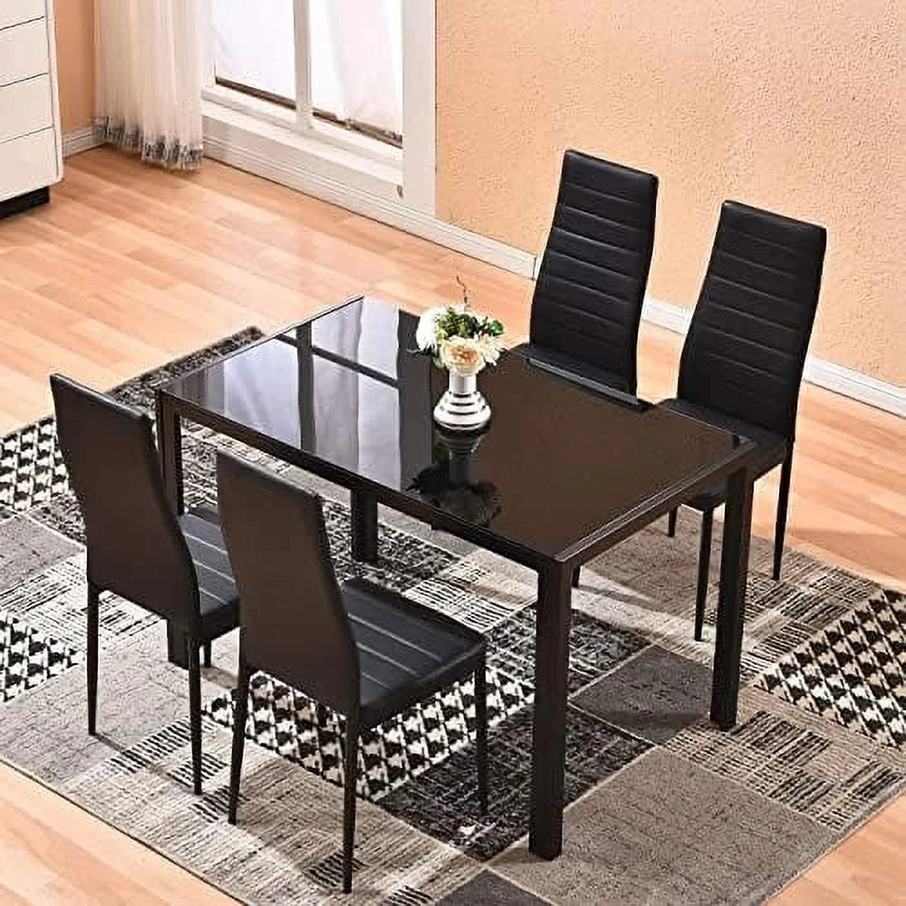 KHBIULIFE 4HOMART Yvonne&amp;F.L..M. Modern 5 Pieces Black Dining Table with Chairs for 4 People Glass Tempered Dining Table and Kitchen Chairs Set of 4 Faux Leather for Small Apartment H