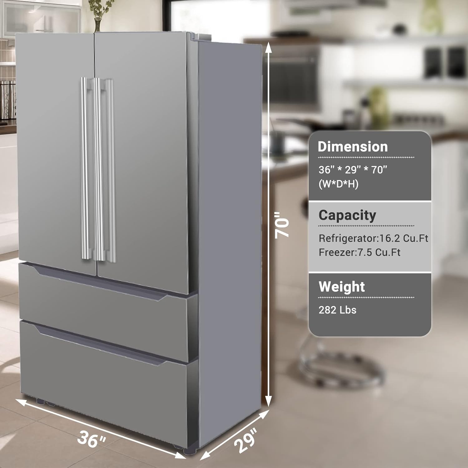 22.5 Cu.Ft 36" French Door Refrigerator, Full Size Refrigerator with Ice Maker, 4-Door Freestanding Upright Freezer and Fridge, Fingerprint Resistant Stainless Steel