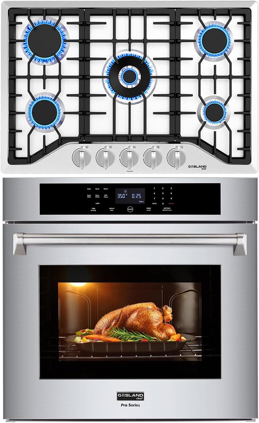 Gasland Gas Cooktop 30 Inch 5 Burners Stainless Steel+30 inch Electric Wall Oven 8 Cooking Function