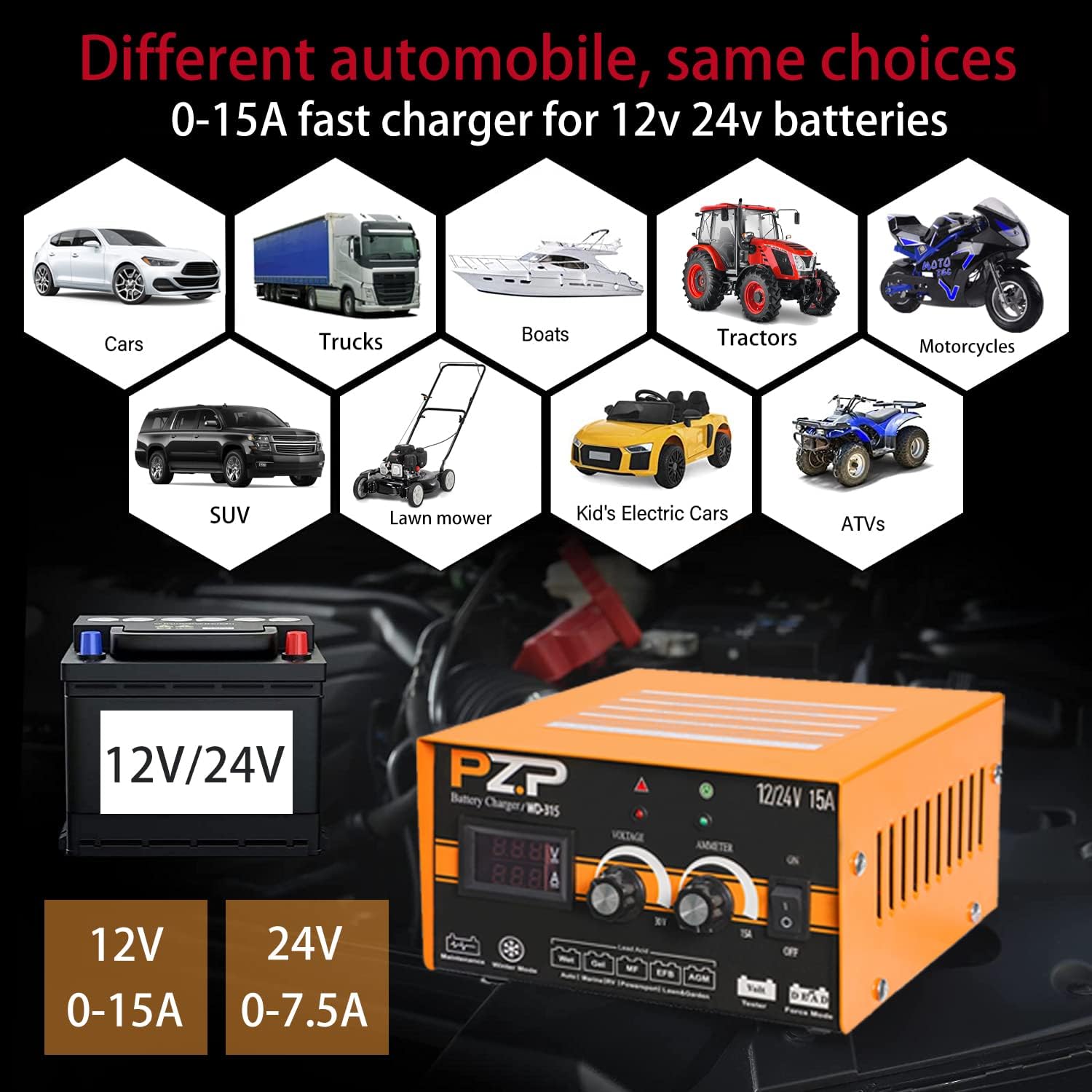 24v Battery Charger Manual 12v/24v Battery Charger 15-Amp Automotive Car Battery Fast Trickle Charger for Gel rv Bench Battery Charger and Maintainer 12v/15a 24v/7.5a by PZ.P