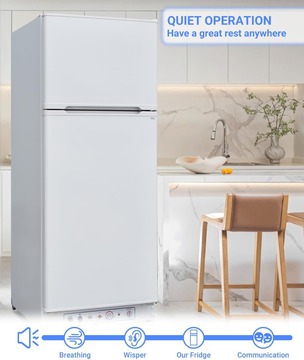 13.5 Cu.Ft Propane Refrigerator with Freezer, Gas Fridge with Freezer Off Grid, 110v/LPG Dual Powers, RV Refrigerator for Outdoor, Truck, Camper, Kitchen, White