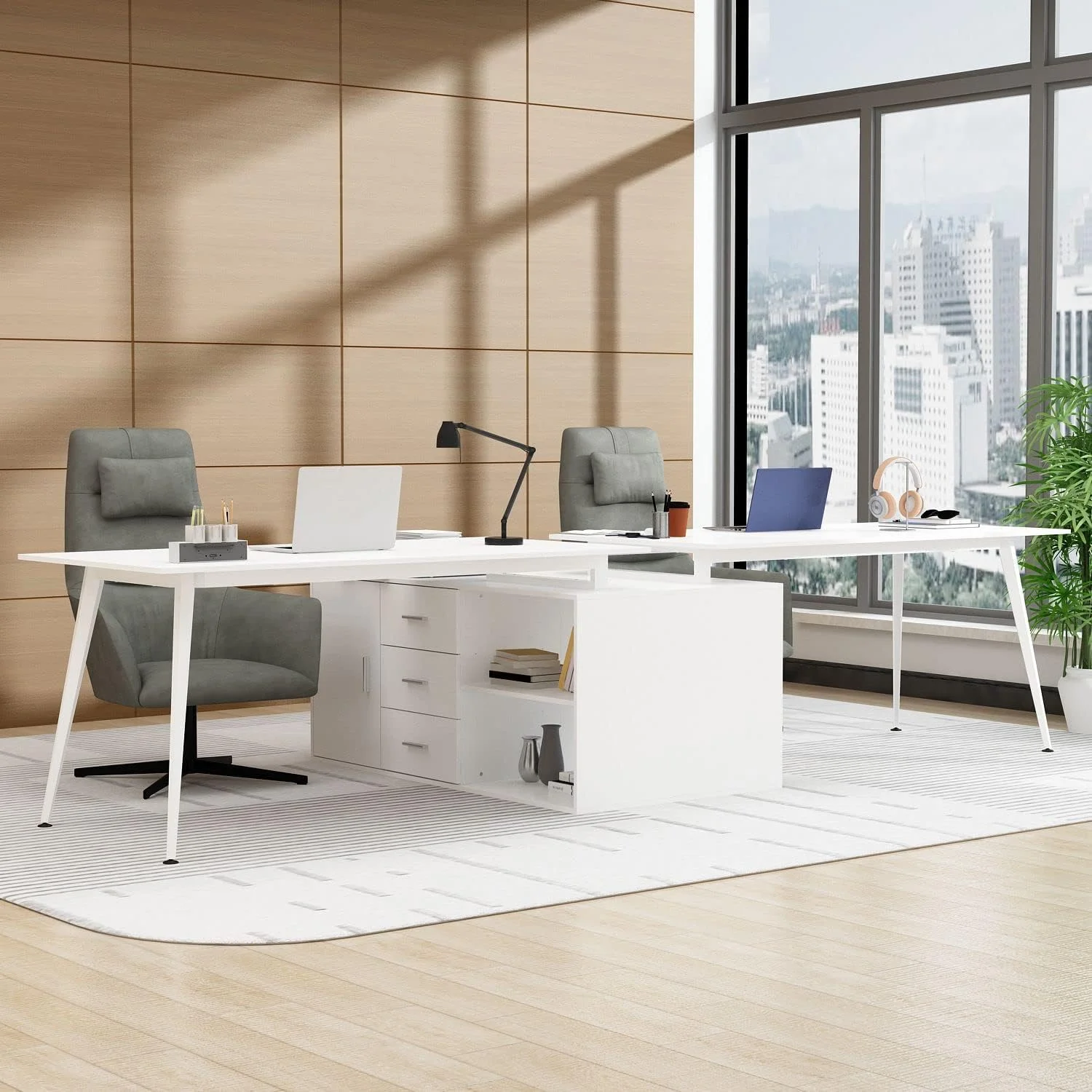 67.9” L-Shaped Desk Office Desk with Storage, Desk with 3 Drawers and Shelves, Corner Desk with Metal Legs, for Home Office White (67.9”W x 55.1”D x 28.7”H)