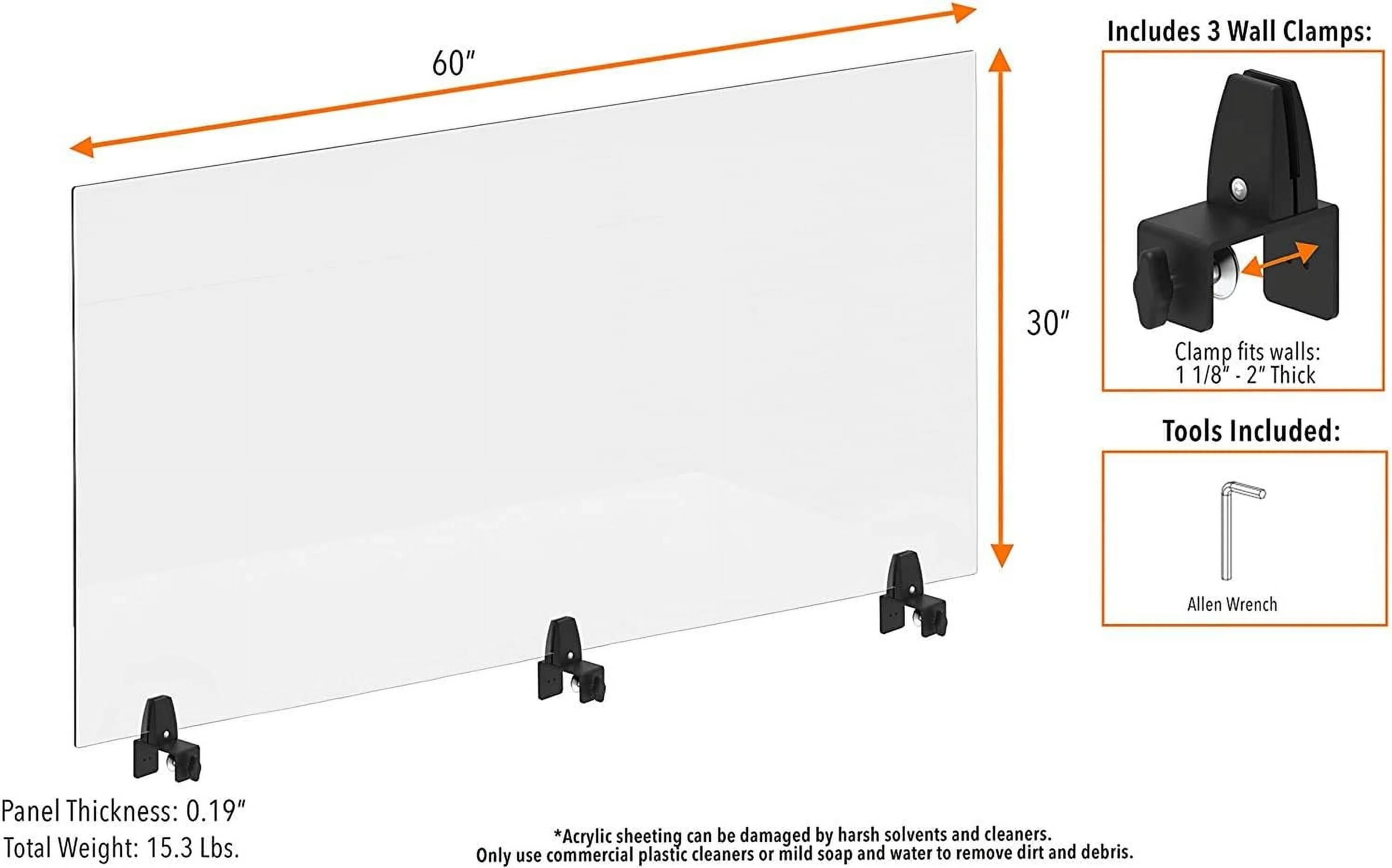 Clear Cubicle Wall Extender | Single 60 In X 30 In Panel | Clamp On Shield & Sneeze Guard | Portable Desk Divider For Desk Walls & Cubicles | For Offices, Libraries & More