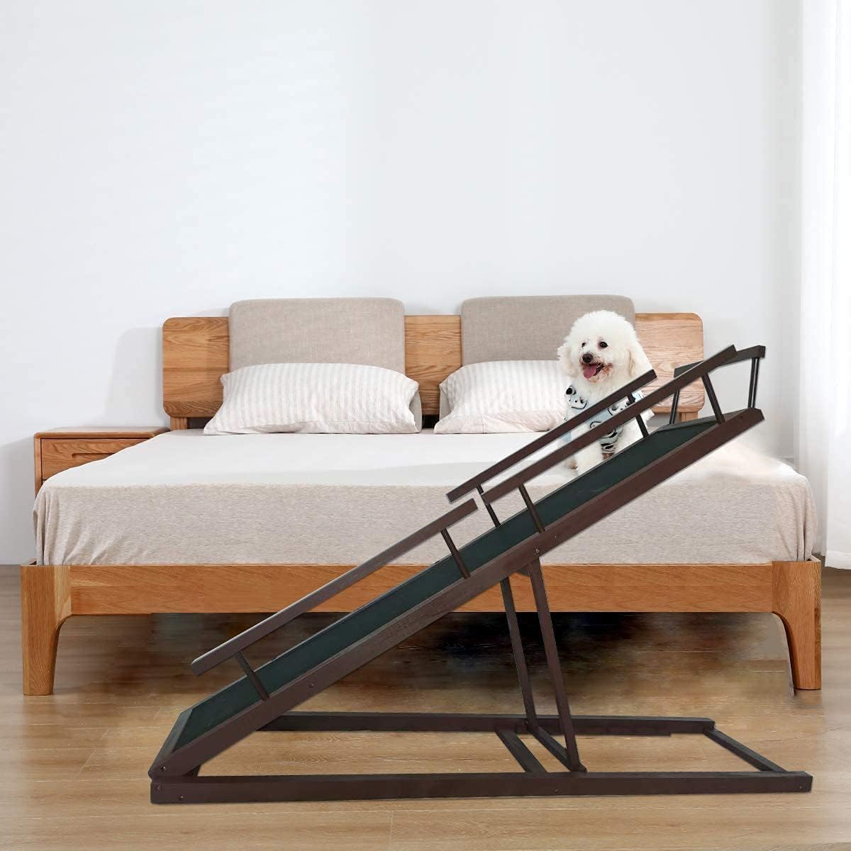 Youfun Dog Ramp 3.0 for High Beds(Walnut) - 59 Long for Small/Medium Dogs Up to 50lbs, Hardwood Folding Pet Ramp with PAW Grip Non-Slip Carpet&Safety Rails - Adjustable Height 17 to 32 inches Tall