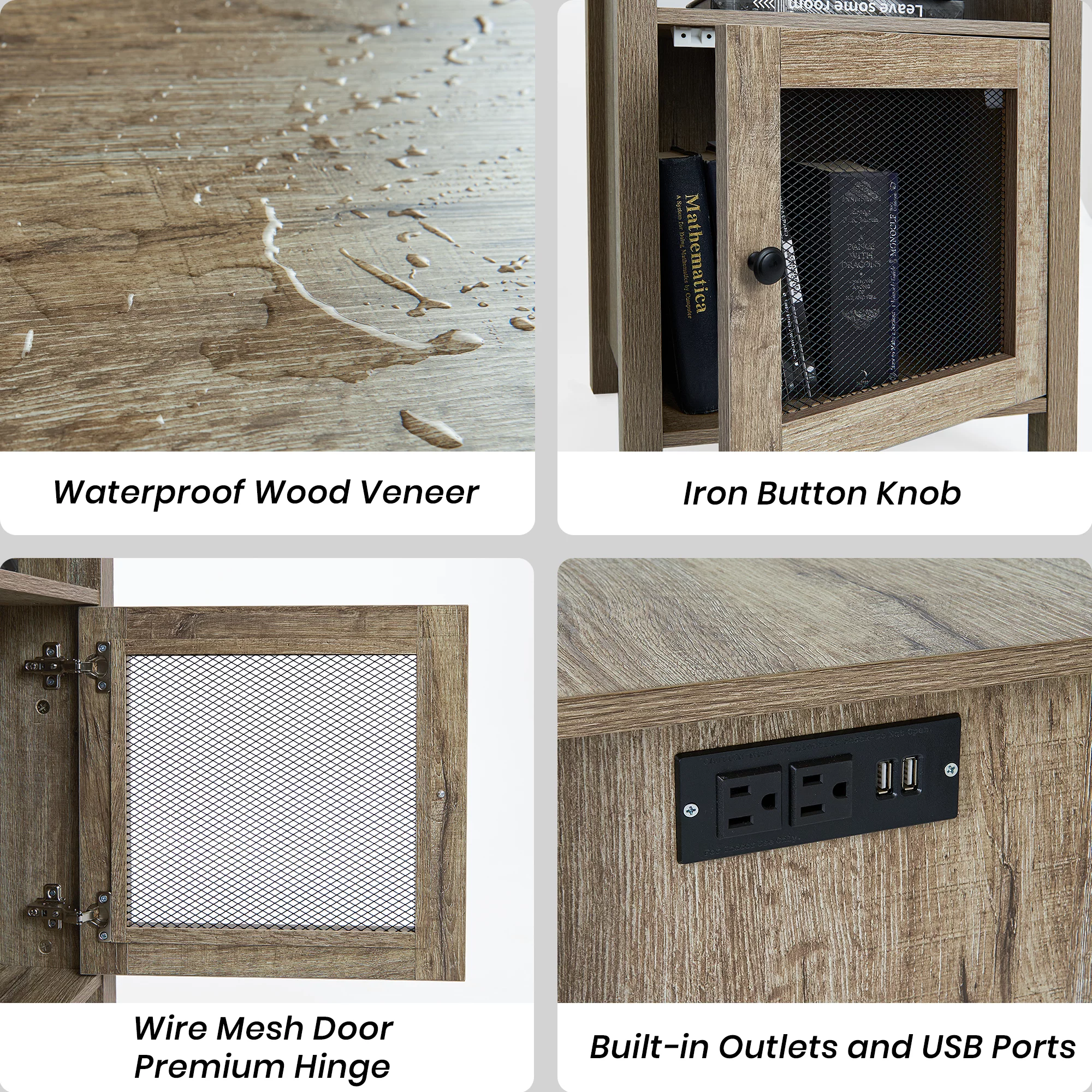 StorageWorks End Table with USB Ports & Power Outlets, Farmhouse Chairside Table with Cabinet and Open Storage Shelf, Wood Accent Table for Living Room Bedroom, Weathered Oak Grey