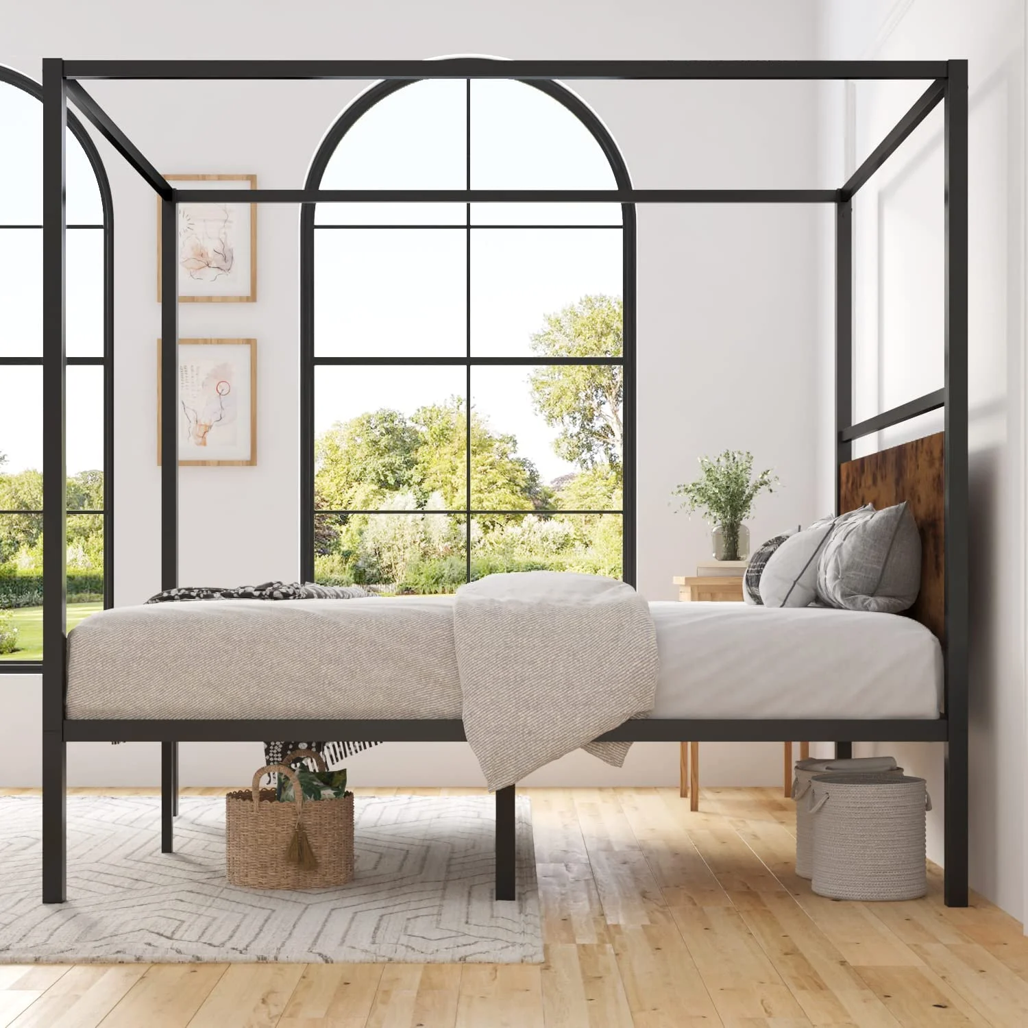 ikalido Queen Size Metal Canopy Bed Frame with Wooden Headboard  Classic Design Canopy Bed with 4 Sturdy Posters  Noise Free/ No Box Spring Needed/ Industrial Brown