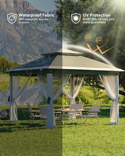 11x11 Pop Up Gazebo Tent with Mosquito Netting, Outdoor Canopy Shelter Easy Setup, Water & UV Resistant - Khaki