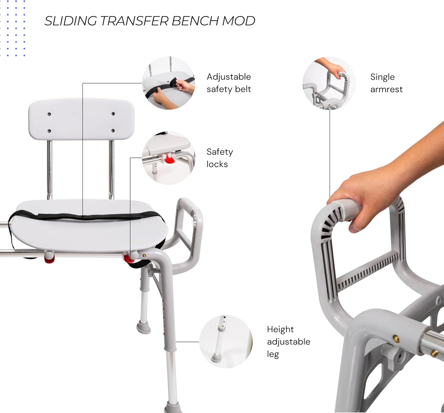Eagle Health Supplies Sliding Transfer Bench & Tub Shower Chair MOD w/Interchangeable Arm Rest, Height Adjustable, High Weight Capacity up to 350 LBs, for Safety Shower, for Elderly & Disabled (80211)