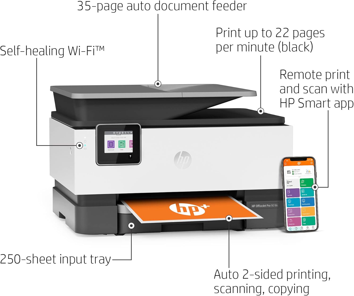 HP OfficeJet Pro 9018e Wireless All-in-One Inkjet Color Printer, Auto 2-Sided, Print & Copy & Scan & Fax, 22ppm, 4800 x 1200dpi, 35-Sheet ADF, 2.7 Color Touchscreen Display, Lanbertent Printer Cable