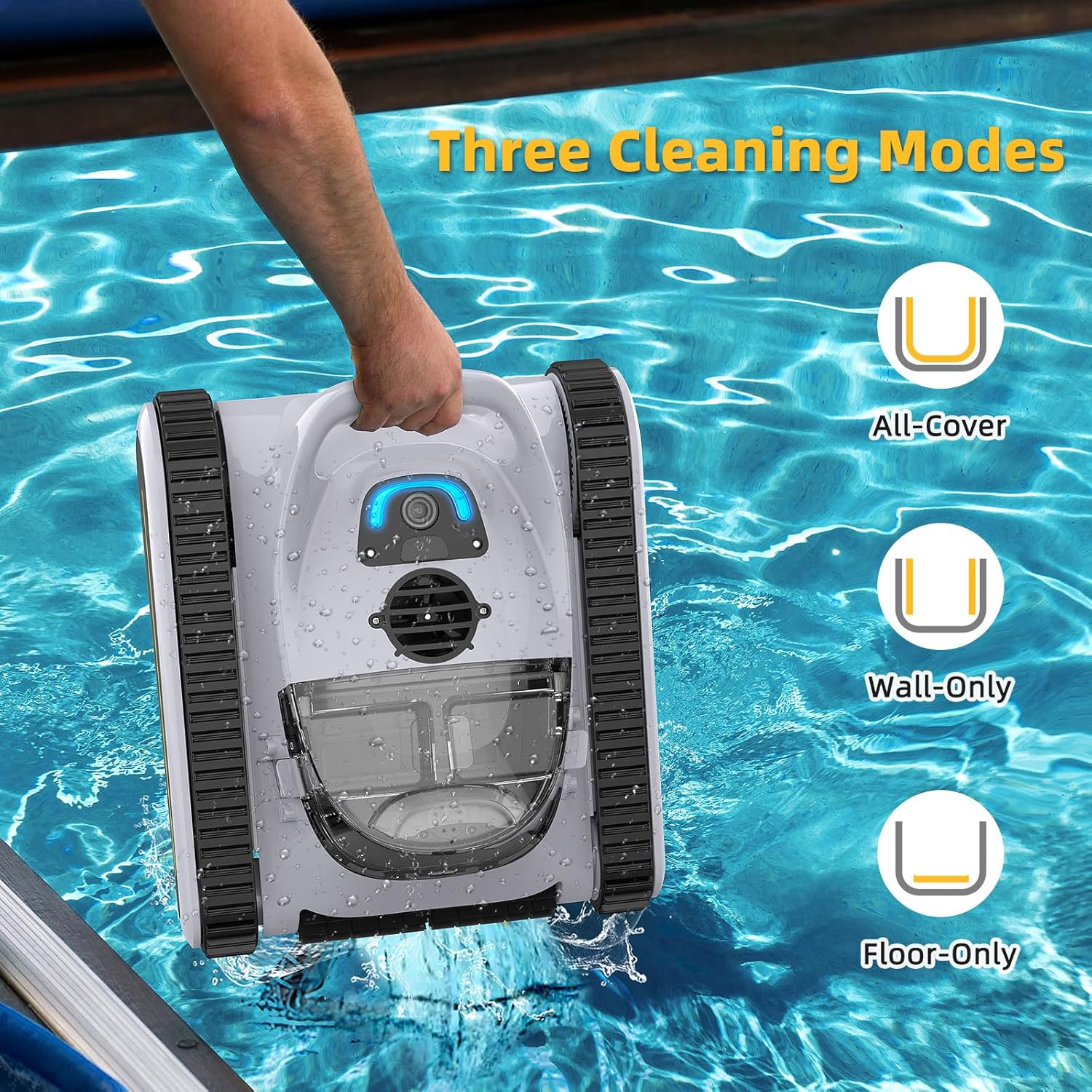 Seauto Robotic Pool Cleaner: Cordless Vacuum with 180W Suction, Wall Climbing, LED Indicator, and Self-Park for Above Ground & Inground Pools up to 2,000 sq. ft.-Grey